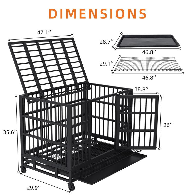 Walsunny 37/47 Inch Heavy Duty Steel Dog Crate for Large Dogs with Lockable Wheels and Double Door Design, Escape Proof, Indestructible, Black