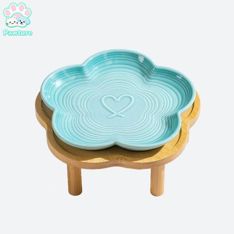 Shallow Elevated Cat Bowl, 6.6 Inch Wide Raised Ceramic Cat Dish with Bamboo Stand, Whisker Friendly Pet Water or Food Plate Feeding Station for Indoor Cats, Kittens