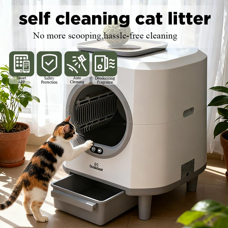 Dreamcat Smart Self-Cleaning Enclosed Cat Litter Box with APP Control, Odor-Free, Moisture-Proof, Large Capacity, Automatic Cleaning, Ultra-Quiet Operation, Easy to Install & Wash, Includes Trash Bag, Deodorant Box, Floating Hair Brush High Privacy
