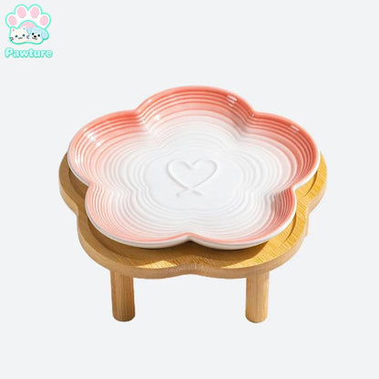 Shallow Elevated Cat Bowl, 6.6 Inch Wide Raised Ceramic Cat Dish with Bamboo Stand, Whisker Friendly Pet Water or Food Plate Feeding Station for Indoor Cats, Kittens