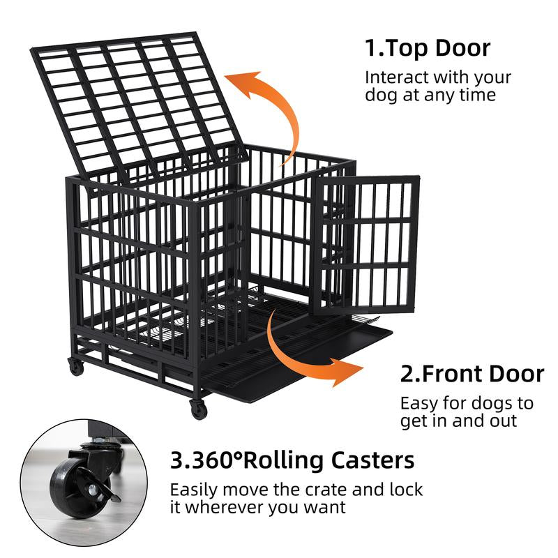 Walsunny 37/47 Inch Heavy Duty Steel Dog Crate for Large Dogs with Lockable Wheels and Double Door Design, Escape Proof, Indestructible, Black
