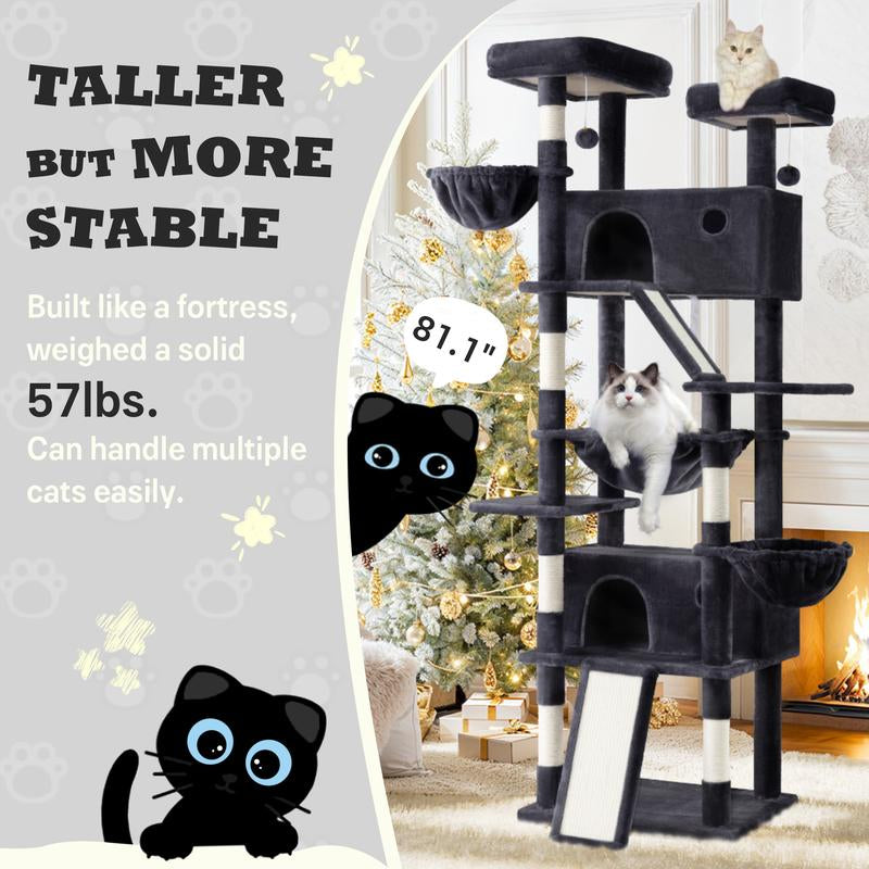 SHA CERLIN 81In/63In Multi-Level Tall Cat Tree Tower with Hammock & Sisal Scratching Posts Larger Cat Condo Furniture for Multi-Cat Play & Rest #Christmasgifts#Tiktokshopblackfriday