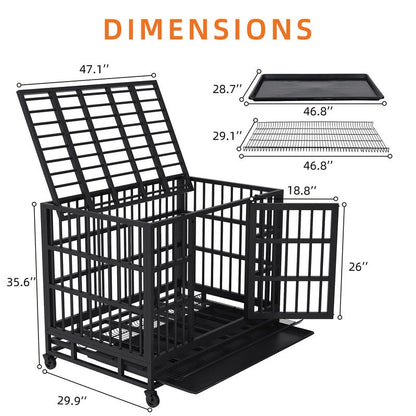 Walsunny 37/47 Inch Heavy Duty Steel Dog Crate for Large Dogs with Lockable Wheels and Double Door Design, Escape Proof, Indestructible, Black