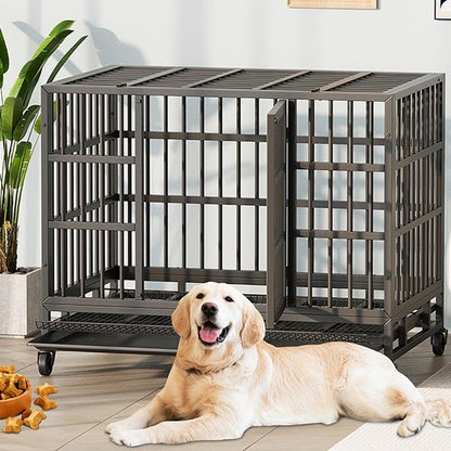 Walsunny 37/47 Inch Heavy Duty Steel Dog Crate for Large Dogs with Lockable Wheels and Double Door Design, Escape Proof, Indestructible, Black
