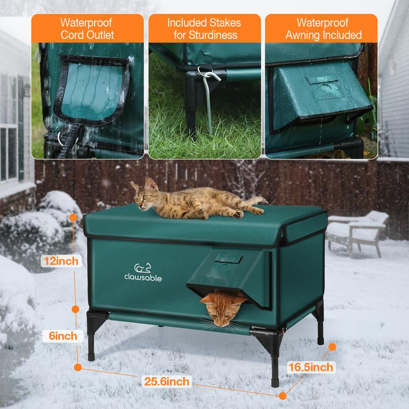 Clawsable Indestructible Heated Cat House for Outdoor Winter, 100% Waterproof, Safe Escape Door, Fully Insulated Outdoor Cat Shelter with Heater for Feral Barn Cats and Kittens