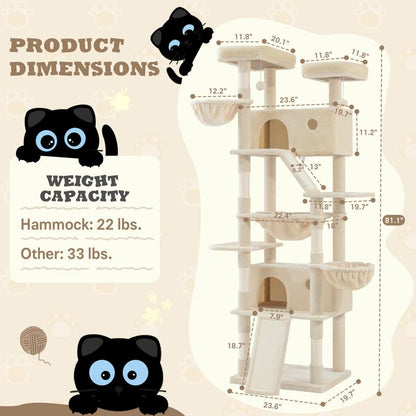 SHA CERLIN 81In/63In Multi-Level Tall Cat Tree Tower with Hammock & Sisal Scratching Posts Larger Cat Condo Furniture for Multi-Cat Play & Rest #Christmasgifts#Tiktokshopblackfriday