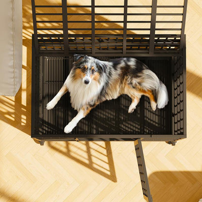 Walsunny 37/47 Inch Heavy Duty Steel Dog Crate for Large Dogs with Lockable Wheels and Double Door Design, Escape Proof, Indestructible, Black