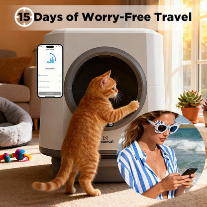 Dreamcat Smart Self-Cleaning Enclosed Cat Litter Box with APP Control, Odor-Free, Moisture-Proof, Large Capacity, Automatic Cleaning, Ultra-Quiet Operation, Easy to Install & Wash, Includes Trash Bag, Deodorant Box, Floating Hair Brush High Privacy