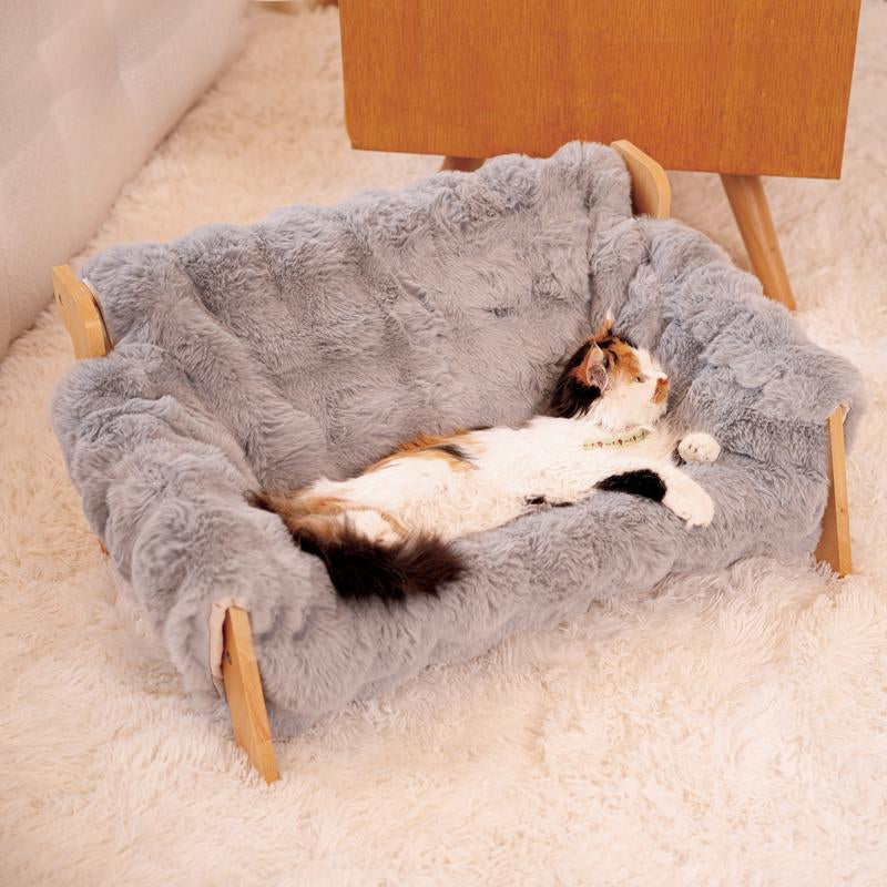 Elevated Pet Couch Bed, Wooden Cat and Small Dog Sofa, Removable Washable Fluffy Cover Raised, Kitty Lounge Chair Suitable for Puppy for Indoor