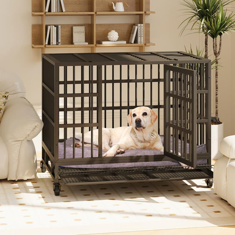Walsunny 37/47 Inch Heavy Duty Steel Dog Crate for Large Dogs with Lockable Wheels and Double Door Design, Escape Proof, Indestructible, Black