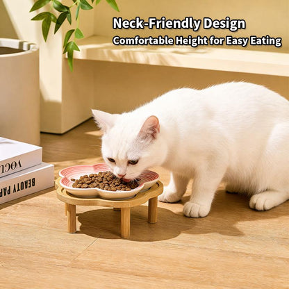 Shallow Elevated Cat Bowl, 6.6 Inch Wide Raised Ceramic Cat Dish with Bamboo Stand, Whisker Friendly Pet Water or Food Plate Feeding Station for Indoor Cats, Kittens