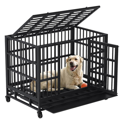 Walsunny 37/47 Inch Heavy Duty Steel Dog Crate for Large Dogs with Lockable Wheels and Double Door Design, Escape Proof, Indestructible, Black