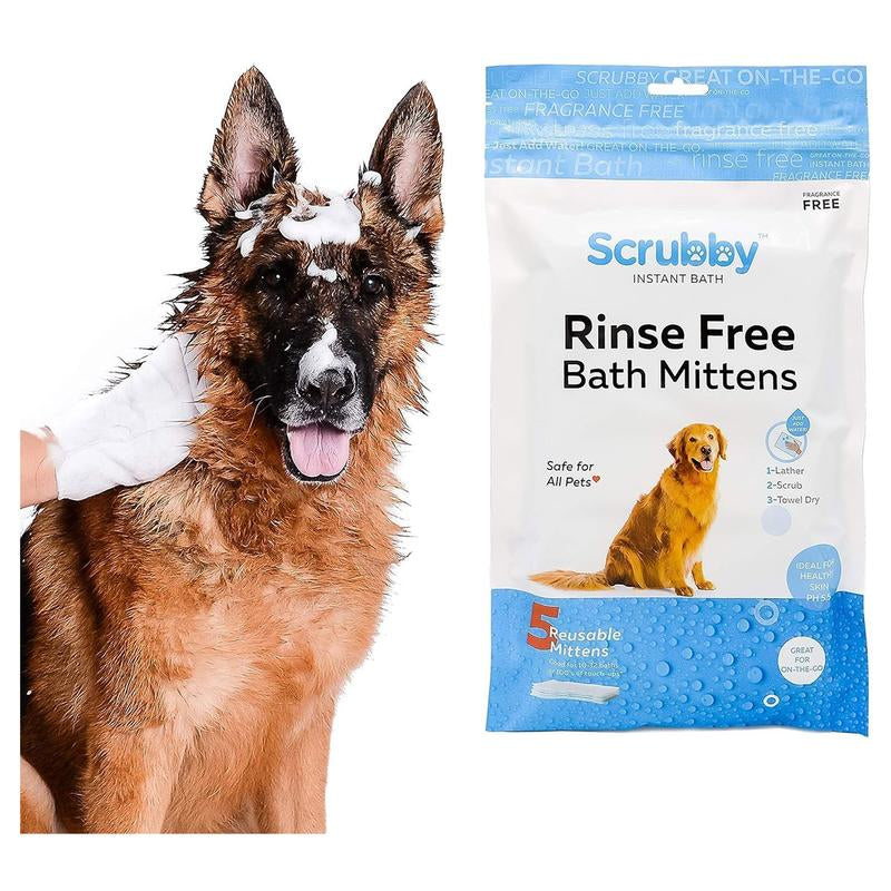 Rinse Free Shampoo Mittens for Dogs, Bath Wipes for Bathing and Washing Pets, Hypoallergenic No Rinse Wash Mitt for Grooming, Lather Wipe Dry - 5 Pack