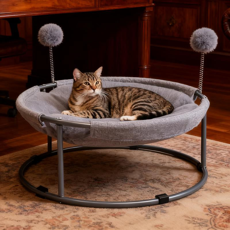 [Already Have 10K Favorites]Cozy Christmas Cat Hammock - Plush Raised Pet Bed with Fluffy Pad & Breathable Sides | Warm Winter Lounging for Cats & Small Dogs | Purrfect Holiday Gift round Gray Washable Cat Bed for Indoor Comfort