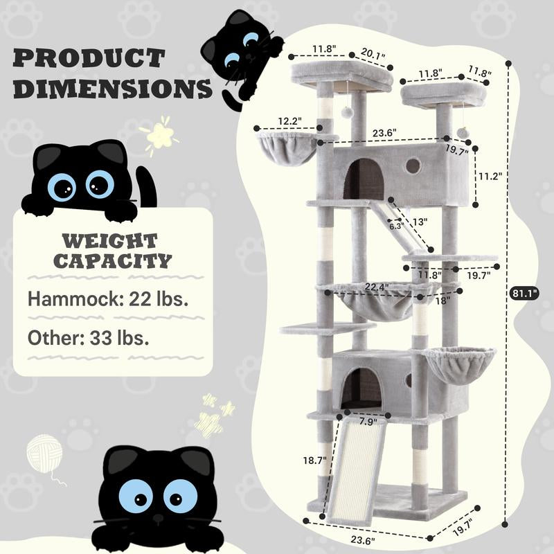 SHA CERLIN 81In/63In Multi-Level Tall Cat Tree Tower with Hammock & Sisal Scratching Posts Larger Cat Condo Furniture for Multi-Cat Play & Rest #Christmasgifts#Tiktokshopblackfriday